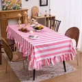 Pink and white striped rectangular tablecloth with elegant ruffled lotus leaf edges - 100-140cm / Pink and White Striped with Ruffles