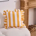 Yellow and white striped ruffle edge pillowcase made of premium soft Dutch velvet - Yellow and White Striped