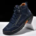 Navy blue men's PU leather ankle boots with stylish hand-stitched details and lace-up closure - 39 / Handmade Stitched Casual Ankle Boots (2317) / Navy Blue