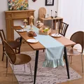 Green and white checkered cotton linen table runner featuring elegant ruffled edges - 33x120cm / Bean Green and White Plaid