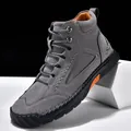 Stylish men's grey PU leather hand-stitched ankle boots with striking orange accents - 38 / Light Gray