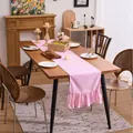 Pink and white checkered cotton linen table runner with elegant ruffled edges for dining - 33x120cm / Pink & White Plaid