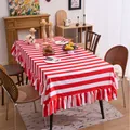 Red and white striped rectangular tablecloth with elegant ruffled edge for banquet decor - 100x140cm / Red and White Striped Ruffle