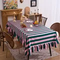 Rectangular pink and dark green striped velvet tablecloth with elegant ruffle edge detail - 100x140cm / Dark Green and Pink Striped with Ruffle
