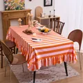 Striped velvet rectangular tablecloth with elegant ruffle edge for banquet decoration - 100-140cm / Pink and Orange Striped with Ruffles