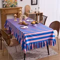 Rectangle blue and pink striped tablecloth featuring elegant ruffled edges for dining tables - 100x140cm / Blue & Pink