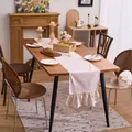 Vintage beige gingham table runner with elegant ruffled hem for rustic dining decor - 33x120cm / Rice White Plaid