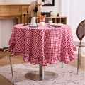 Retro red and white checkered round tablecloth with ruffled edges for dining room. - 150cm Round / Red Floral Plaid with Ruffle