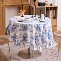 French vintage blue and white toile de jouy round tablecloth with ruffled edges - 150cm Round / English Garden Ruffle