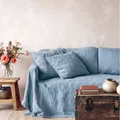 Sky blue washed cotton sofa cover with textured fabric in a cozy rustic living room - Special Size (with Patchwork) / Light Blue