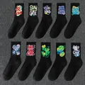 Set of black cotton crew socks with vibrant graffiti slogan embroidery for sports wear - One Size 36-47 / Black Mixed Long Socks Style (K2-Original Socks)