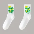 White cotton athletic crew socks featuring a green and yellow WAKE UP! graphic print - One Size 36-47 / White Green Print Style (K2-Original Socks)