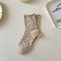 Minimalist creamy beige polka dot crew socks with elegant rolled cuffs for women - One Size / Khaki