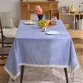 Blue and white checkered pastoral tablecloth with elegant white lace trim detail. - 60-60 / Blue Check with Lace Trim