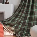 Classic French green and brown woolen plaid curtain with decorative white tassel trim - Rod Pocket / 150x160cm / Green Coffee Plaid