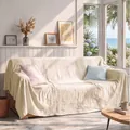 Copridivano integrale in cotone lavato bianco crema con texture stropicciata naturale - Stile Bordo Patchwork / 180x180cm / Albicocca