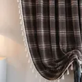 French style brown plaid curtain with white tassel fringe for windows and kitchens. - Rod Pocket Style / 150cm x 160cm / Brown Plaid