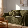 Copridivano in cotone lavato verde oliva di alta qualità con federe coordinate - Stile con Bordo Patchwork / 180x180cm / Verde oliva