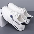 Trendy white and navy blue leather casual sneakers with thick soft soles for outdoor sports - 38 / White (26086)