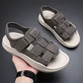 Comfortable men's outdoor breathable beach sandals in grey with soft non-slip cream sole - 38 / Cross-Woven Slipper Style (26-6) / Gray
