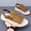 Men's brown summer beach sandals with thick soft sole and adjustable buckle strap - 38 / Dual-Use Slipper Style (26-2) / Yellow