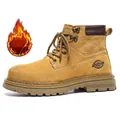 High-quality men's yellow leather work boots with warm fleece lining and sturdy soles - 38 / Fleece Lined Warm (235) / Yellow Fleece Lined