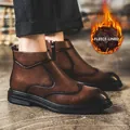Classic men's retro brown Brogue boots featuring warm fleece lining and side zippers - 37 / Brown Fleece Lined