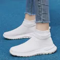 White high-top fly-knit sock sneakers designed for casual outdoor running and walking. - 36 / White