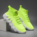 Bright neon green breathable flyknit sock sneakers with unique wavy white platform sole - 39 / Fluorescent Green