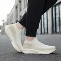 Fashionable white fly-knit slip-on sock shoes featuring beige diamond pattern accents - 36 / Khaki