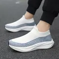 Breathable white and blue flyknit slip-on sock sneakers for casual and sports wear - 36 / White Blue