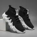 Men's breathable flyknit sports running sock shoes with unique wavy soles - Black