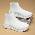 Breathable white knitted sock sneakers with thick platform sole in slip-on style - 36 / White