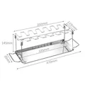 Foldable stainless steel BBQ chicken leg rack with drip tray showing dimensions mm - Chicken Leg Rack With Tray And Tools Set