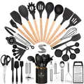 44-piece black silicone kitchen utensil set with wooden handles and storage bucket - 44-Piece Set / Black