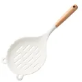 Large heat-resistant white silicone skimmer spoon with natural wooden handle for cooking - Wooden Handle / White