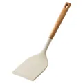 Cream silicone spatula with natural wooden handle for non-stick cookware kitchen use. - Spatula / Wooden Handle White