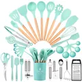 Complete 44-piece mint green silicone kitchen utensil set with natural wooden handles - 44-Piece Set / Green