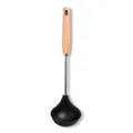 Black silicone soup ladle with ergonomic natural wooden handle for non-stick cookware - Soup Spoon / Black