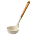 Cream silicone soup ladle featuring a natural wooden handle and a practical hanging hole. - Soup Ladle / Wooden Handle White