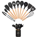 Black silicone kitchen utensil set with wooden handles and storage bucket. - 12pcs Set / Black