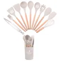 Elegant cream silicone kitchen utensil set with natural wooden handles and storage bucket - 12pcs Set / Khaki