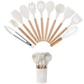 12-piece silicone kitchen utensil set with wooden handles and holder in cream white - 12pcs Set / White
