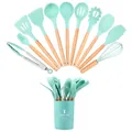Premium mint green 12-piece silicone kitchen utensil set with wooden handles and matching bucket - 12pcs Set / Green
