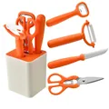 Modern orange 5-piece kitchen utensil set with peeler scissors and storage block - Regular Square Base Style / Five-Piece Set