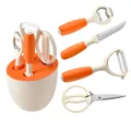 5-piece orange and cream kitchen tool set with storage holder, including peeler and shears - Oval Base Style / Five-Piece Set