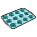 Professional 12-cup foldable silicone muffin pan in cyan and grey finish for baking - 12-Cup Muffin Pan, Blue