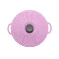 Pink spill-proof silicone lid with circular ridges and central knob for kitchen pots. - 26.5cm