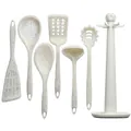 Premium 7-piece cream white speckled silicone kitchenware set with rotating storage stand - 7-Piece Set / Transparent White