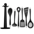 Set di 7 utensili da cucina in silicone nero puntinato con supporto rotante - Set da 7 pezzi / Nero Trasparente